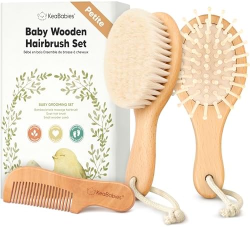 Wooden Baby Hair Brush Set for Newborns, Toddler Comb (Walnut, Petite) by KeaBabies