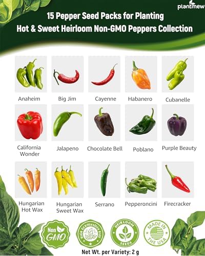 3000+ Pepper Seeds Collection - 15 Varieties Non-GMO Hot & Sweet Seeds for Planting: Cayenne, Cubanelle, Habanero, Poblano, Serrano, Big Jim & Bell for Garden - Image 2