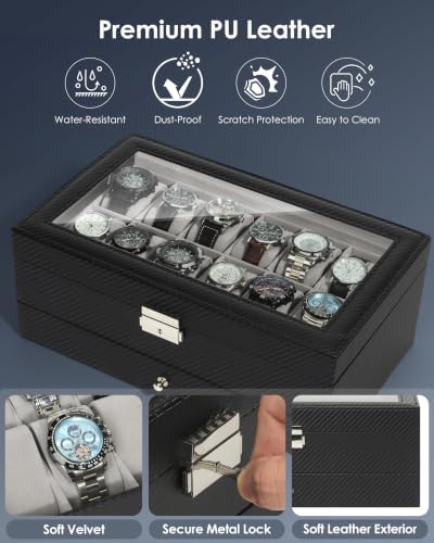 Kukikan Mens Watch Box Jewelry Organizer,12-Slot 2-Layer Watch Case -Grey - Image 4