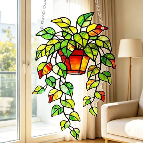 Plant Suncatcher Glass, Stained Glass Suncatcher Plant Window Hanging, Unique Nature Lover Gifts Leaf Ideas - Image 4