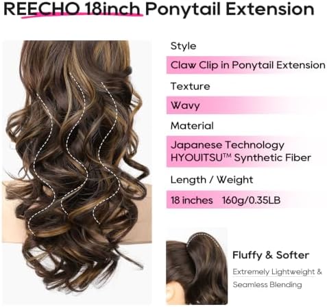 REECHO Ponytail Extension, 18" Clip in Ponytail Hair Extensions for Women, Short Wavy Synthetic Pony Tail Hairpiece for Daily Wear Cheer Dance,Dark Brown with Highlights - Image 2