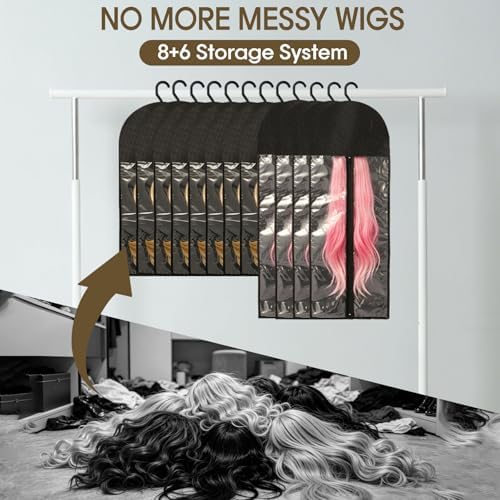 14Pcs Wig Storage Set with Hangers – 8 Small Bags for Hair Pieces +6 Extra Long for Full Wigs, Hair Extension Holder Organizer, Dust-Proof Anti-Tangle Wig Bags with Transparent Window for Home Travel - Image 2