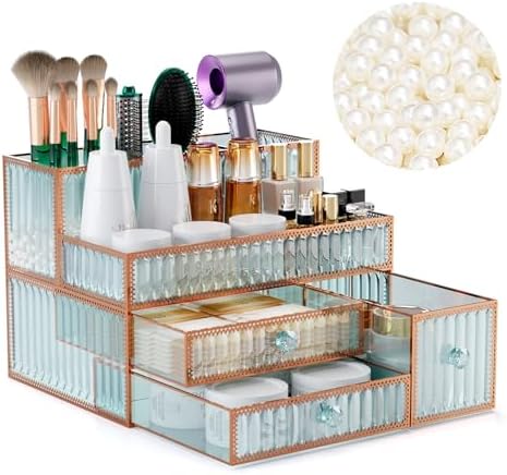 Youdepot Makeup Organizer Countertop - Tempered Glass Vanity Organizer for Cosmetics, Skincare, Hair Tools, Brushes, Perfume - Multipurpose Bathroom Counter Skincare Organizer by Youdepot