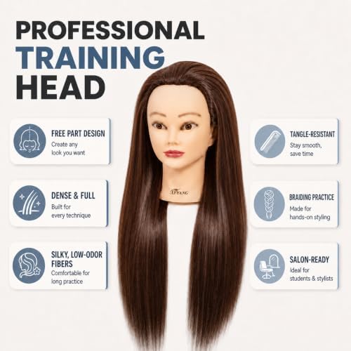 26-28 Inch Synthetic Fiber Mannequin Head for Braiding Styling Cutting Cosmetology Practice Doll with Clamp Stand for Makeup Training (Brown) - Image 2