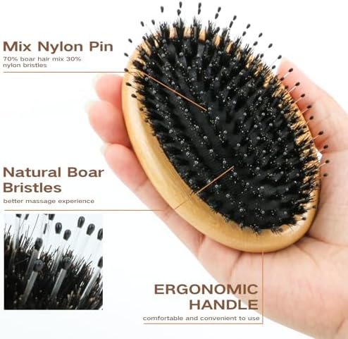 Bamboo Boar Bristle Brush, Detangling for All Hair, Smooth Shine to travel - Image 2