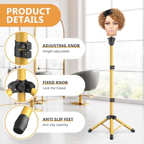 Wig Head Stand 50 Inches, Height Adjustable Tripod Wig Stand, Salon Mannequin Head Stand with Anti-Slip Base for Styling, Wig Display Barber Training, Beauty School​ (Gold) - Image 5
