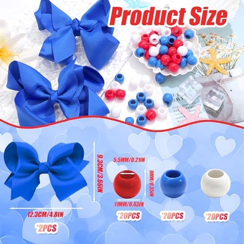 NAISKA 62PCS 4th of July Hair Beads for Braids Festival Hair Bow Clips Red White Blue Loc Beads Ribbon Bow Hair Jewelry Braids Clips with Bow Independence's Day Hair Accessories for Girls - Image 4