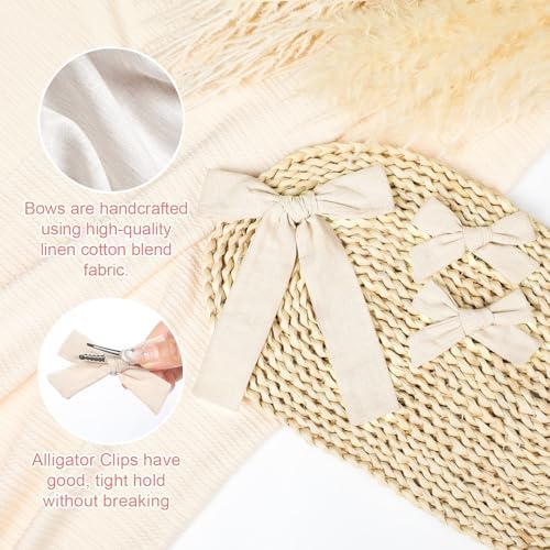 DEEKA Beige Cotton Linen Hair Bows 2 Sizes 5"&3.5" Soft Hair Bow set for Toddler Girls Long Ponytail Knot Bows Alligator Clip Hair Accessories for Little School Girls (Beige) - Image 2