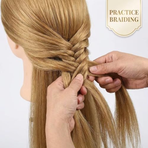 100% Real Hair Mannequin Head Training Head Manikin Cosmetology Doll Head for Hairdresser Practice Braiding Hair Styling with Clamp stand (26-28inch) - Image 5