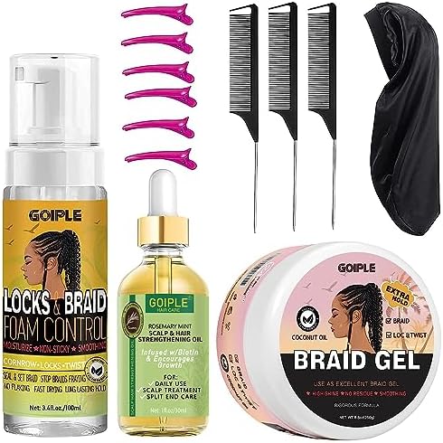 Extra Hold Styling Gel and Mousse for Braids, Twists, Locs, Cornrows - Frizz Taming, Smoothing & Edge Control with Rosemary Hair Growth Oil (Bonus: Hair Combs, Bonnet, Clips) by Goiple
