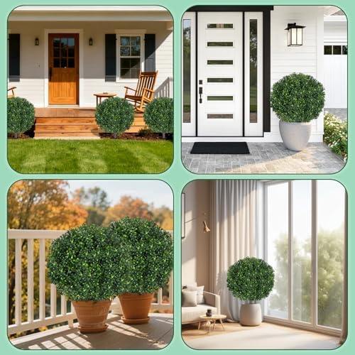 27.5" Artificial Boxwood Topiary Ball Tree, Set of 2 Fake Bushes Shrubs with Ground Spike, UV Resistant Faux Evergreen Boxwood Trees for Front Porch Planters Outdoor Garden Decor - Image 5