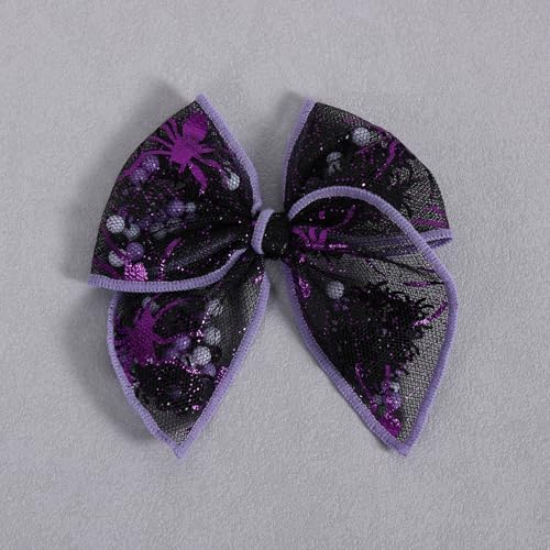 Halloween Spider Shaker Bow Hair Clips 4in Black Purple Spiderweb Mesh Tulle Fable Hair Bow Alligator Hairpins for Teen Girls Women Costume Party Accessory Gift Set of 2 - Image 6