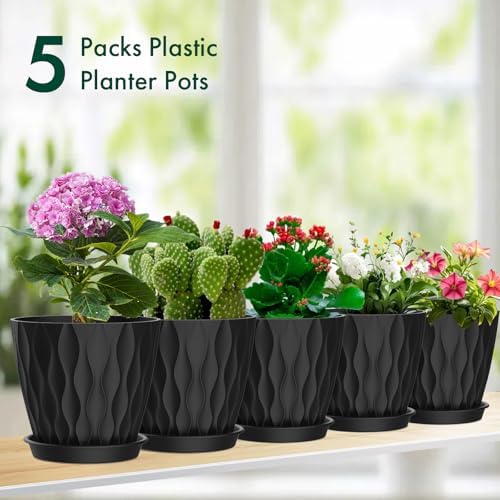 Meowell 4 inch Small Plastic Nursery Pots, Seedling Pots, 5 Set Water Ripples Plant Pots for Indoor Plants, Flower Pots with Drainage Holes and Saucers, Seed Starter Pots for Succulent Plants, Black - Image 6