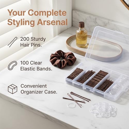 300PCS Hair Pins and Clear Elastic Bands Set, 200PCS Bobby Pins & U Shaped Hair Pins with Organizer Box, 100PCS Rubber Hair Ties for Women Girls, Brown - Image 7