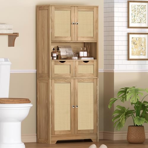 Iwell Tall Storage Cabinet with 2 Drawers & Adjustable Shelves, Rattan Cabinet, Kitchen Storage Cabinet, Pantry Cabinet with 4 Doors, Tall Cabinet for Living Room, Kitchen, Home Office, Natural - Image 6