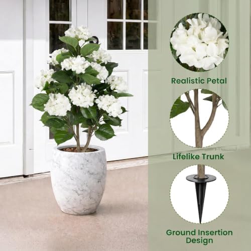 2 Pack 3FT Fake Hydrangea Trees for Outdoors with Ground Spikes, White Artificial Hydrangea Flowers Topiary Trees, Realistic Faux Outdoor Plants for Front Porch, Patio, Garden, Entryway Decor - Image 5