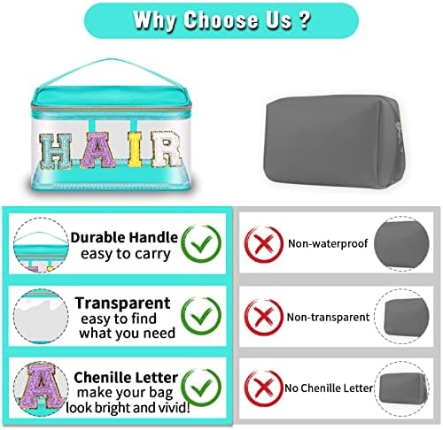Chenille Letter Clear Makeup Bags Hair Pouch, Preppy Patch Makeup Bag Zipper with Handle, Transparent PVC & Nylon Waterproof Glitter Cosmetic Handbag Travel Toiletry Storage for Women Girl(HAIR-Green) - Image 4