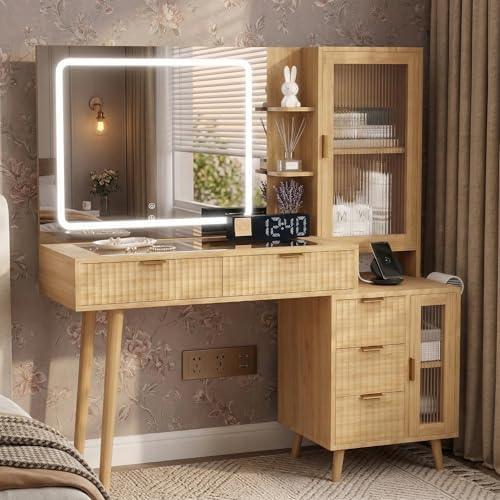49" Wooden Vanity Desk with Mirror and Lights, Fluted Boho Makeup Vanity Table with Modern Glass Top, Charging Station, 5 Drawers, 2 Cabinet with Adjustable Shelves, Light Wood by GlouModFurniture