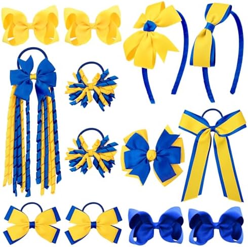 DEEKA 13 PCS Uniform Hair Accessories Set Yellow & Royal Blue Hair Bows Hair Clips Headband Hair Ties Curly Korker Bows for Little Toddler School Girls by DEEKA