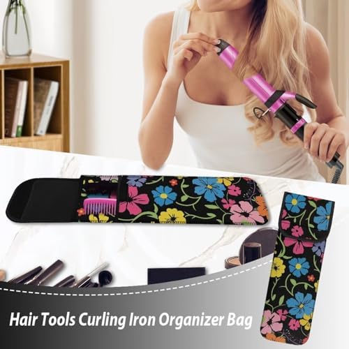 Flashideas Flower Print Flat Iron Case Curling Iron Organizers and Storage with Pocket Heat Resistant Neoprene Curling Iron Holder Universal Curling Iron Cover Sleeve Hot Tools Travel Bag - Image 3