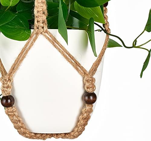 Mkono Fake Hanging Plant, Macrame Hanger with Pothos Vines & Pot, Brown - Image 7
