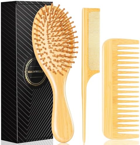 Bamboo Hair Brush for Hair Growth, Natural Bamboo Bristles Detangling Wooden Paddle Hairbrush for Massaging Scalp, for Women Men and Kids, for All Hair Types, with Ergonomic Handle (Set-3Pcs) by GAINWELL