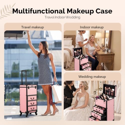 OmySalon Rolling Makeup Train Case with 3 Drawers, Cosmetology Case on Wheels w/Pull Handle and Removable Wheels, Large Cosmetic Organizer Storage Box for Nail Tech, Makeup Artist, Hairstylist(Pink) - Image 5