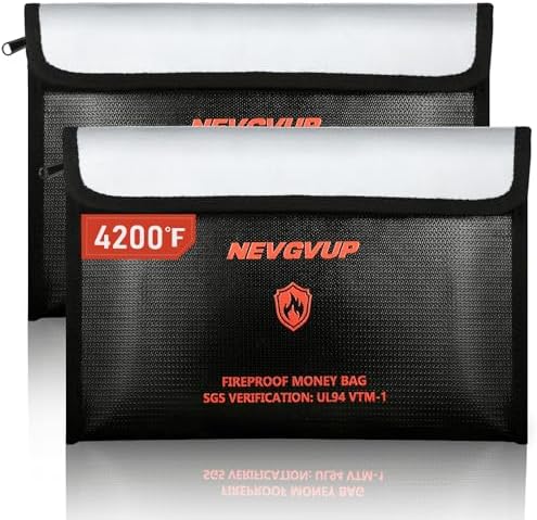 4200°F Fireproof Money Bag - Upgraded Heat Insulated, 9.8 x 6.5" Small Fireproof Document Bags with Waterproof Zipper, fire Water Proof Safe Pouch Set for Valuables, Fireproof Edging, Fire Bag 2packs by NEVGVUP