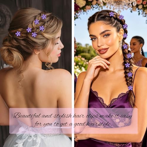 YISSION 20Pcs Mini Dark Purple Plaid Flower Hair Clips, Rhinestone Decorative Hair Pins for Women and Girls Wedding Bridal Prom Daily Hairstyle Accessories - Image 2