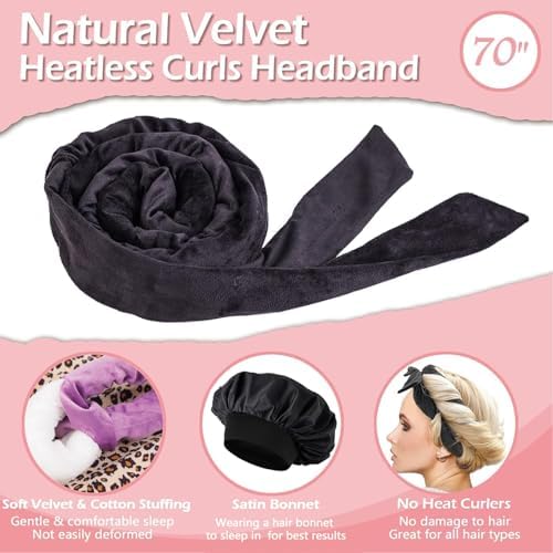 Heatless Curls Overnight Headband, 70'' No Heat Hair Curlers with Hair Bonnet for Sleeping, Light Black - Image 5