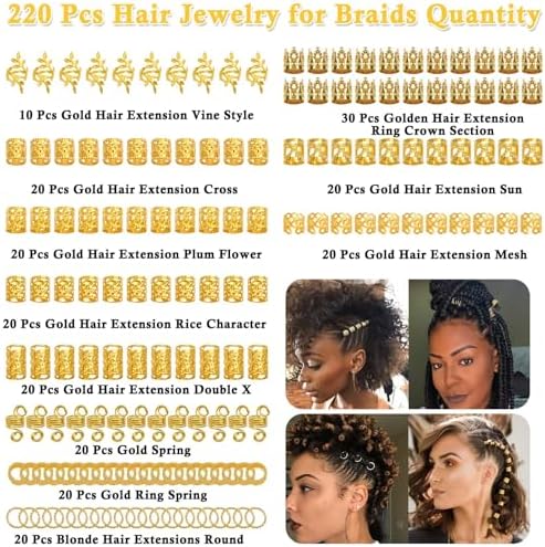 Lucomb 220 Pcs Gold Hair Jewelry for Braids, Loc Jewelry for Hair Dreadlock, Loc Charms for Women, Metal Gold Braid Rings Cuffs Clips for Dreadlock Accessories Clip Braids Extensions Decorations - Image 3