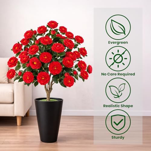 3FT Artificial Camellia Tree with Ground Spike, Full Bloom Fake Camellia Plant Outdoor, Dense Flower Artificial Trees for Front Porch Decor, Patio Garden Yard Decorations,Red,2 Pack - Image 4