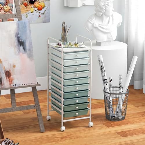 Giantex 10-Drawer Rolling Storage Cart w/Wheels, Handle, Removable Drawers, Mobile Organizer Storage Unit, Trolley Utility Cart for Home Kitchen Living Room Office Play Room, Green Gradient - Image 4
