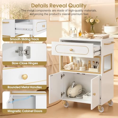 BarberPub Salon Trolley Cart with Drawer & Lockable Wheels 2077(White) - Image 7