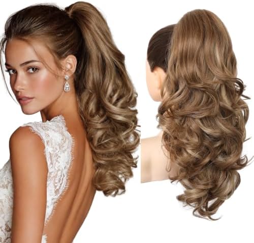 REECHO Ponytail Extension, 18" Clip in Ponytail Hair Extensions for Women, Short Wavy Synthetic Pony Tail Hairpiece for Daily Wear Cheer Dance,Light Brown with Highlights by REECHO