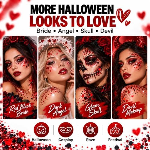 Red and Black Hair Glitter Stick, Face Body Glitter Makeup, Red Black School Spirit Week Game Day Cheer Football Accessories, Heart Chunky Sequins for Halloween Vampire Devil Witch Clown Rave Festival - Image 7