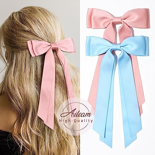2PCS Silky Satin Hair Bows Hair Clip Pink Blue Hair Ribbon Ponytail Holder Accessories Slides Metal Clips Hair Bow for Women Girls Toddlers Teens Kids - Image 4
