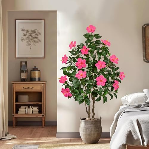 Briful Artificial Hibiscus Tree 5.25ft Tall Real Touch Fake Tree with Pink Flowers Potted Faux Plant Indoor Realistic Floor Plants for Front Porch Outdoor Home, Patio Decor - Image 6