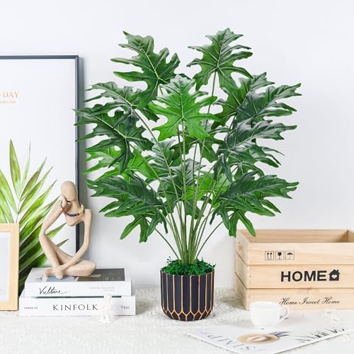 Der Rose 28" Artificial Plants Indoor, Philodendron Plant in Black Gold Pot - Image 6