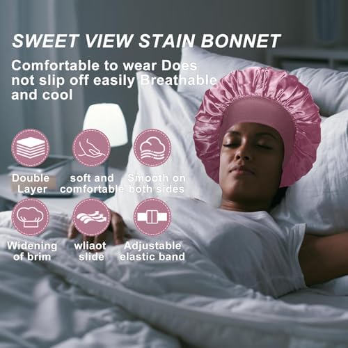 FIRSTPELLA 4PCS Silk Satin Bonnets for Black Women & Men - Elastic Wide Band Hair Wrap Cap for Curly Hair - Shower Cap for Sleeping (Black & Bean Paste Pink & Purple & Brown) - Image 5
