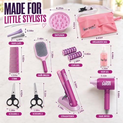 18 PCS Girls Beauty Hair Salon Toy Kit with Hairdryer, Straightener & Styling Accessories, Fashion Pretend Play Doll Stylist Set for Kids and Toddlers - Image 3