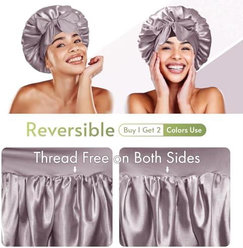 BONNET QUEEN Silk Bonnet for Sleeping Satin Bonnet with Tie Hair Wrap Double Layer Sleep Cap for Women Curly Hair, Grey Purple - Image 2