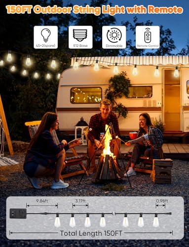Brightever LED Outdoor String Lights, 150FT Dimmable Patio Lights with Remote Control, 45+2 Shatterproof ST38 Edison Bulbs, 3 Lighting Modes, 3H/5H Timer, Outdoor Hanging Light for Holiday, Party - Image 3