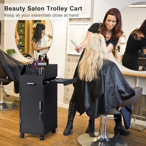 Winado Salon Trolley Cart with 4 Trays, 3 Hair Dryer Holders, Black - Image 2