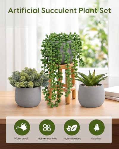 Artificial Succulents Plants in Grey Pots (Set of 3) - Faux String of Pearls, Aloe & Sedum Potted Plants Small Fake Plants Indoor for Home Office Table Desk Shelf Kitchen Bathroom Decor - Image 3