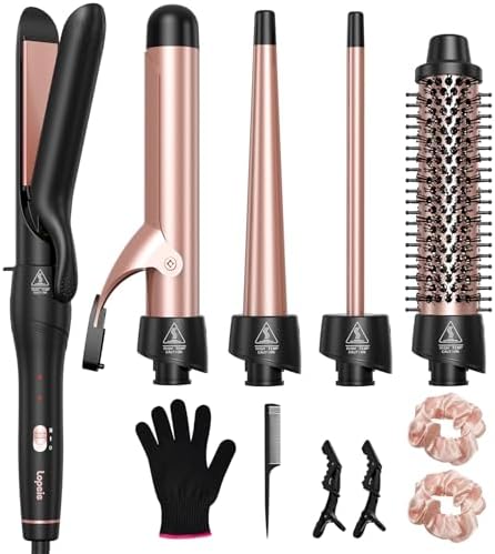 Lopeie 5 in 1 Curling Iron with Thermal Brush and 4 Interchangeable Ceramic Barrels(1/2 to 1 1/2 inch), Curling Wand Set with Flat Iron, Fast Heating, Dual Voltage Hair Curler, Gifts for Women by Lopeie