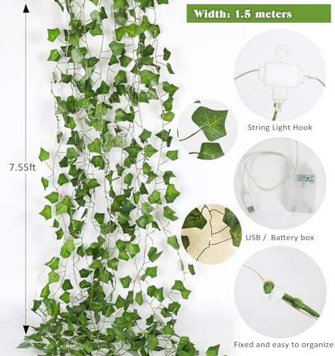 RECUTMS Fake Wall Curtain Ivy Vines with String Lights for Room Decor 98Ft - Image 2