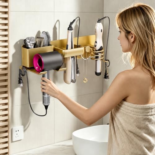 5 in 1 Hair Dryer Holder Hair Tool Organizer Metal Wall Mount (Gold) - Image 2