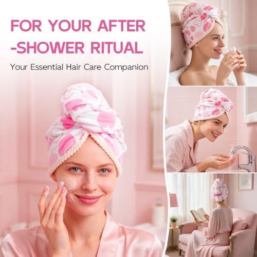 Years calm XL Microfiber Hair Towel Wrap for Women, Pink Heart - Image 3