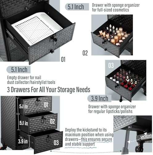 Yueieoun Rolling Makeup Case with 3 Drawers, Salon Cart Nail Trolley Cart with Wheels Rolling Train Case Cosmetology Case Organizer Cases for Nail Tech,SPA,Face Painting,Hairstylist,Makeup Artist - Image 3